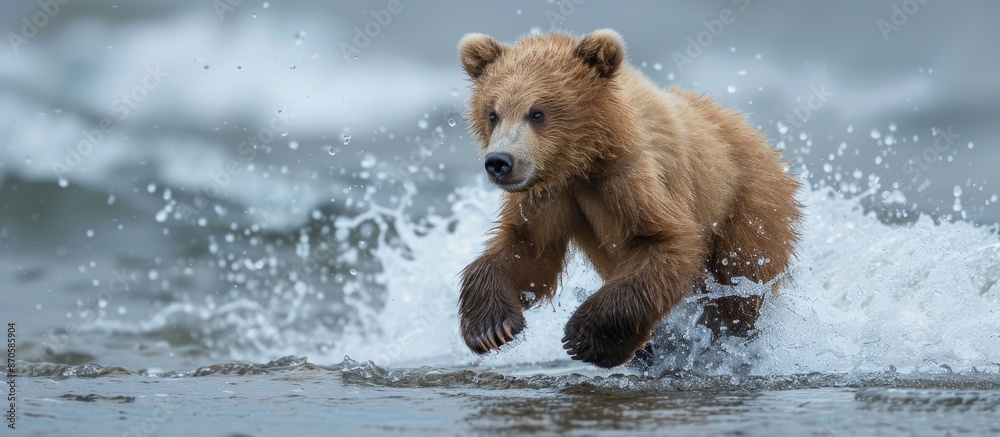 An Alaskan juvenile brown bear is playfully exploring the Brooks River's shore in a captivating copy space image. An Alaskan juvenile brown bear is playfully exploring the Brooks River's shore in a captivating copy space image.