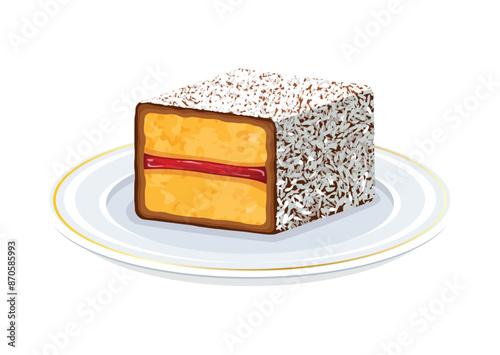 Lamington cake on a plate vector illustration. Lamington sponge cake with coconut icon vector isolated on a white background. Australian dessert square with jam drawing. Dessert square clip art