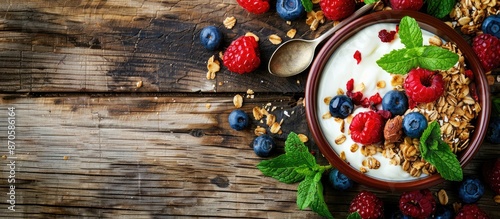 Close-up shot of yogurt, berries, mint, and granola on a wooden table, featuring a blank area ideal for adding text, known as a copy space image.