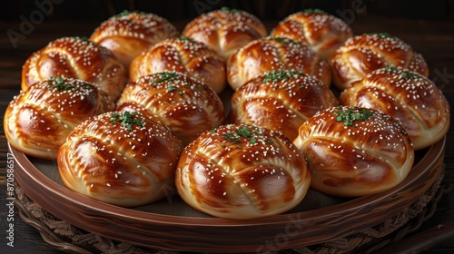 A close-up of a wooden tray filled with freshly baked buns, covered in sesame seeds and herbs