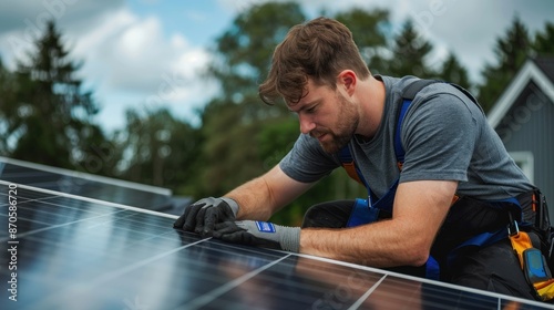 A man carefully installs solar panels on a rooftop © Tetiana