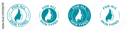 All type skin icons with face for cream cosmetic product, vector stamps. For all skin types icons for skincare cosmetics or face cream