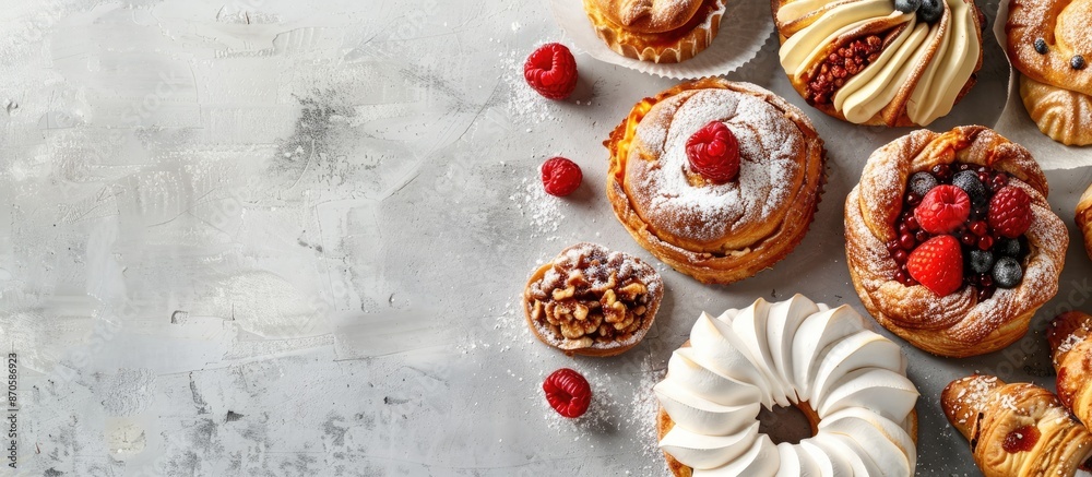 Fototapeta premium Assortment of fresh pastries elegantly arranged with copy space image on a grey backdrop.