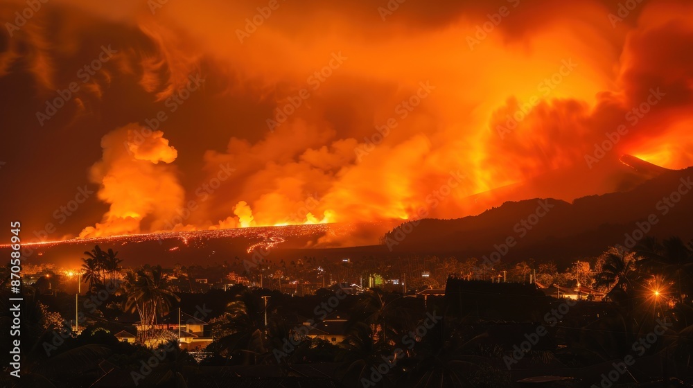 Photographs of the volcano's eruption show billowing smoke as lava paints the night sky orange. Photographs of the volcano's eruption show billowing smoke as lava paints the night sky orange.