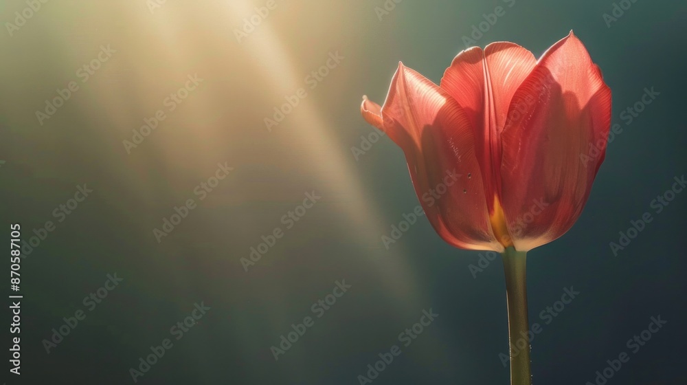 Fototapeta premium A close-up view of a single tulip in full bloom, its intricate details illuminated by the warm rays of the morning sun.