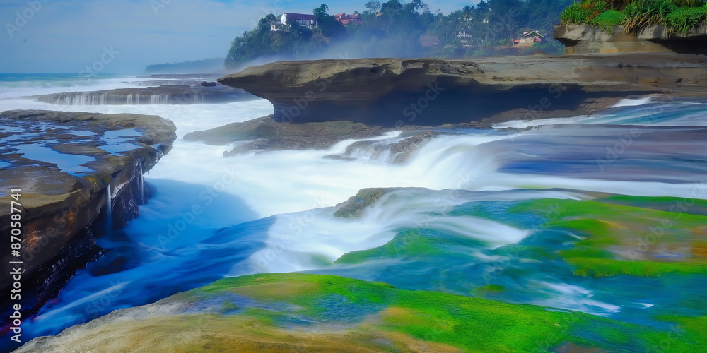 Fototapeta premium Enchanting Coastal Waterscape with Vibrant Green Algae and Cascading Tidal Pools at Sunrise
