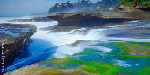 Enchanting Coastal Waterscape with Vibrant Green Algae and Cascading Tidal Pools at Sunrise