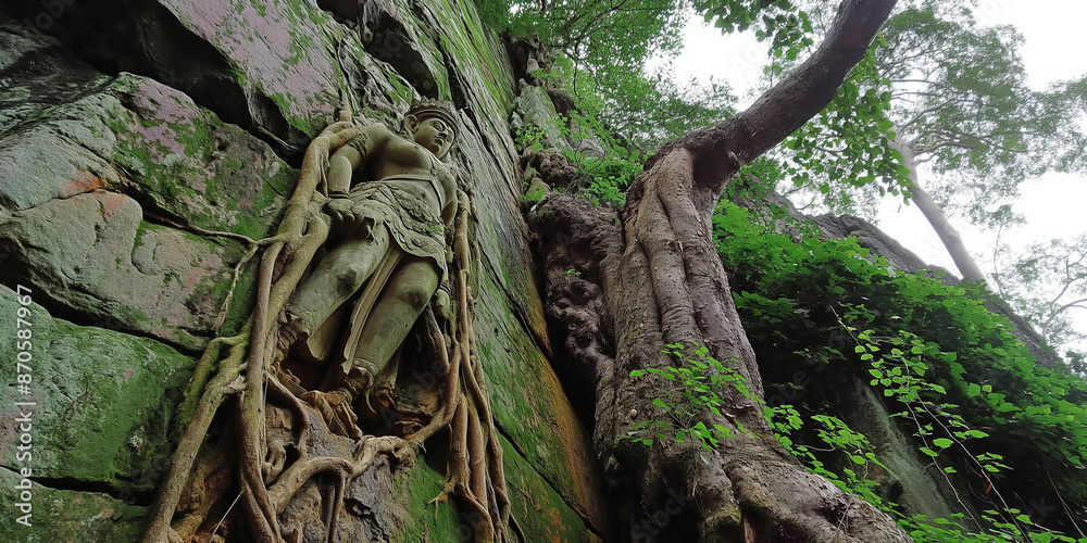 Ancient Stone Carvings Intertwined with Nature in a Serene Forest Setting Ancient Stone Carvings Intertwined with Nature in a Serene Forest Setting