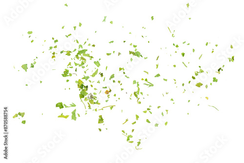 Chopped dry parsley leaves, pile isolated on white background, top view