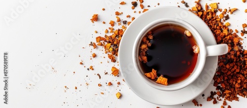 Close-up view of a cup of birch chaga mushroom tea with crushed chaga pieces on a white background, ideal for copy space image. photo