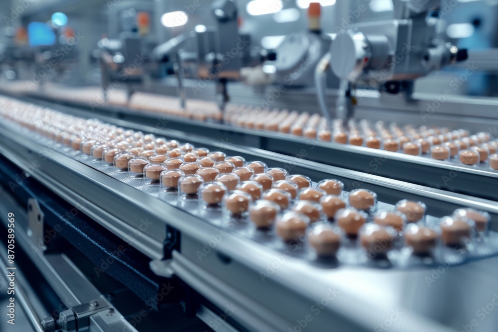 Fototapeta premium Explore the stringent quality standards of drug production with studio isolate shots showcasing the medicine tablet production line.