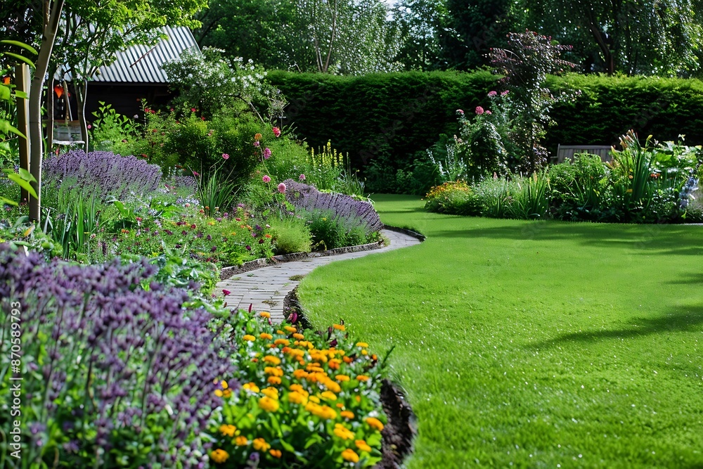 Obraz premium Beautiful green garden in the morning with sun light and shadow.