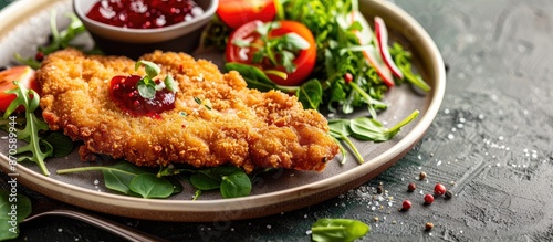 Close-up presentation of classic deep-fried schnitzel with green salad, tomatoes, and cranberry jam on a decorative plate with ample copy space image.