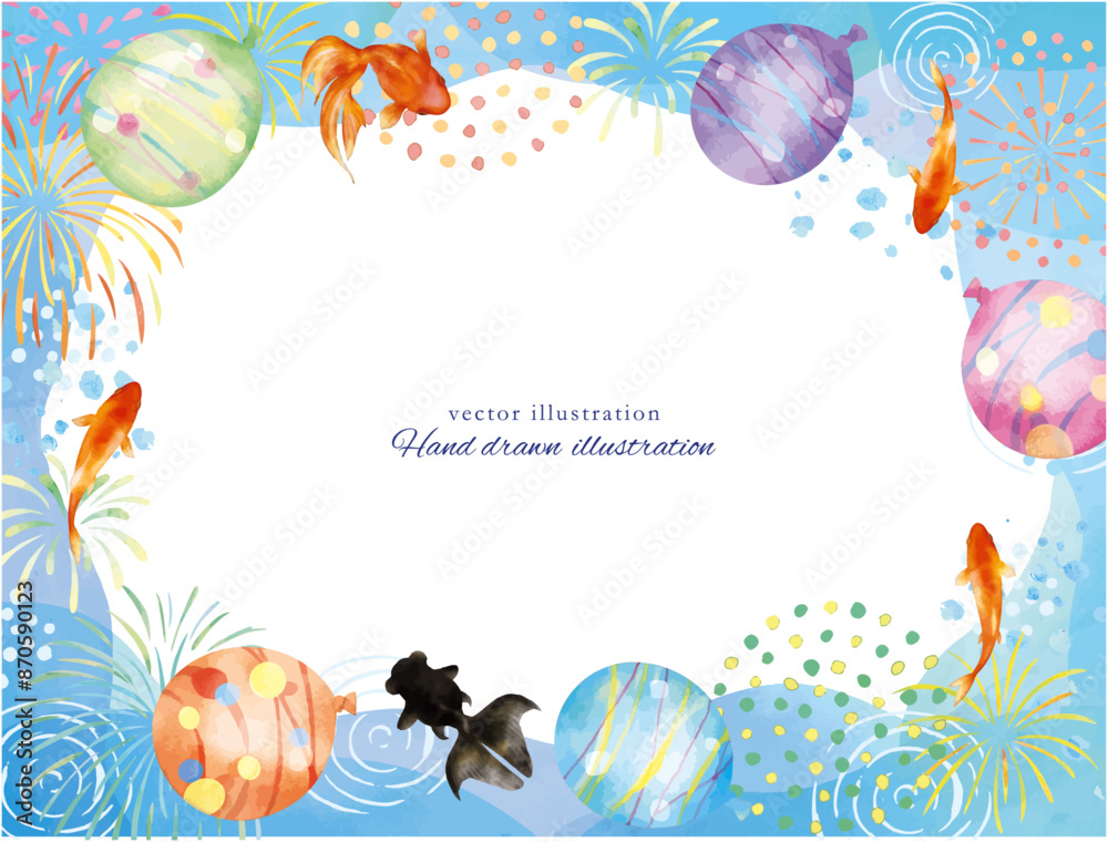 ヨーヨーと金魚が泳いでいる夏イメージのイラスト ヨーヨーと金魚が泳いでいる夏イメージのイラスト