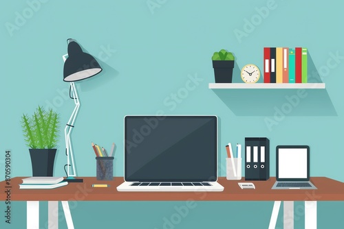 Remote work, home office setup, laptop on desk, flat design illustration,