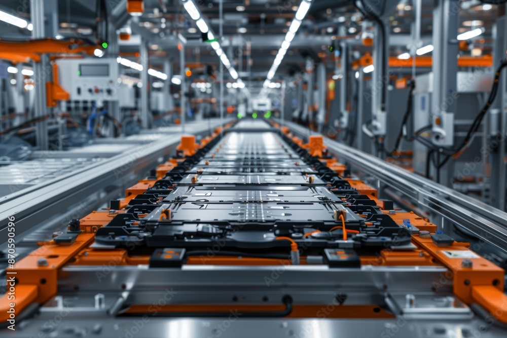 Obraz premium Step into the world of sustainable mobility with studio isolate shots highlighting the mass production assembly line of battery cells for electric vehicles.