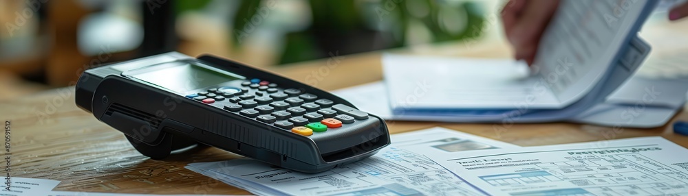 Accountant analyzing tax documents with a payment terminal, finance, professional service Accountant analyzing tax documents with a payment terminal, finance, professional service