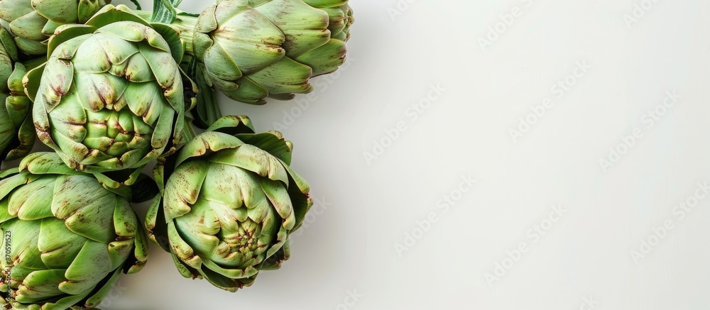 Fototapeta premium Close-up image of raw artichokes against a clean white backdrop with copy space available.