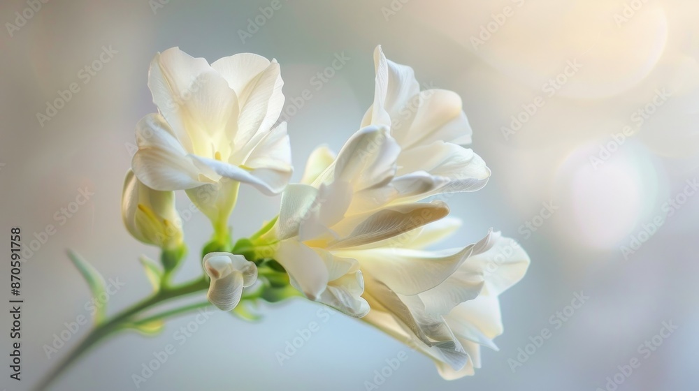 Fototapeta premium A dreamy photo of a white freesia, its delicate petals and sweet fragrance evoking a sense of tranquility.