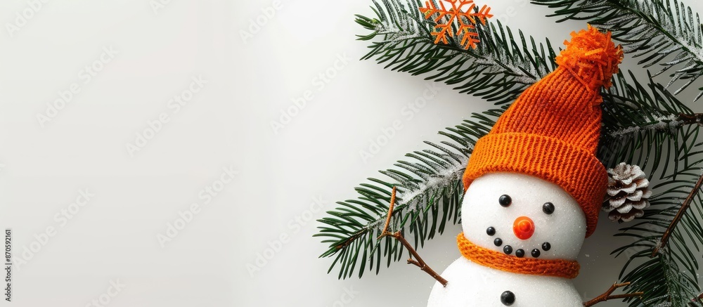 Copy space image of a handmade snowman with an orange hat and a fir tree branch in isolation. Copy space image of a handmade snowman with an orange hat and a fir tree branch in isolation.