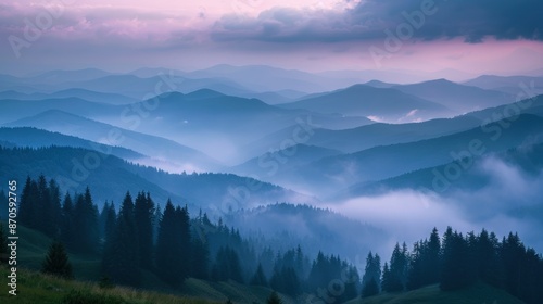 Stunning misty dawn in the mountains, tourists view the Carpathian Mountains, Ukraine