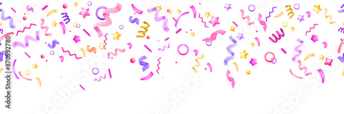3D party confetti seamless border, vector holiday surprise serpentine, plastic stars, flying ribbon. Paper popper explosion background, cartoon congratulation birthday firework decoration. 3D confetti