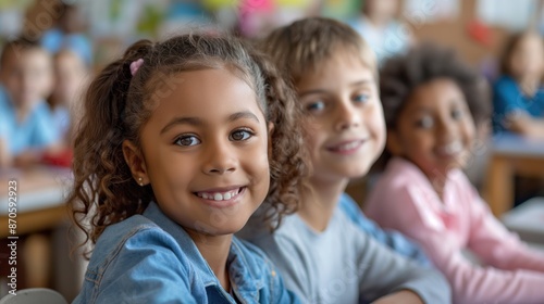 Smiling elementary school students in the classroom 