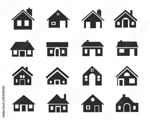 House Icon Set. House symbol. Set of real estate objects and houses black icons 