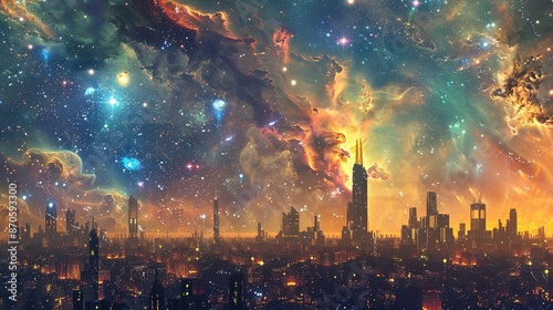 Galactic Urban Mirage - Dreamy Composite of Futuristic Cityscape Beneath Luminous Nebulae and Distant Clusters in Cosmic Sky © Wp Background