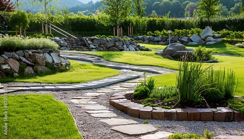 Beautiful green garden in the morning with sun light and shadow.