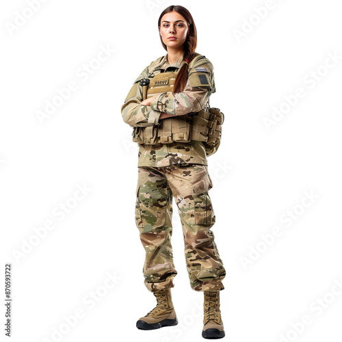 Young woman in military gear poses with crossed arms on a transparent background