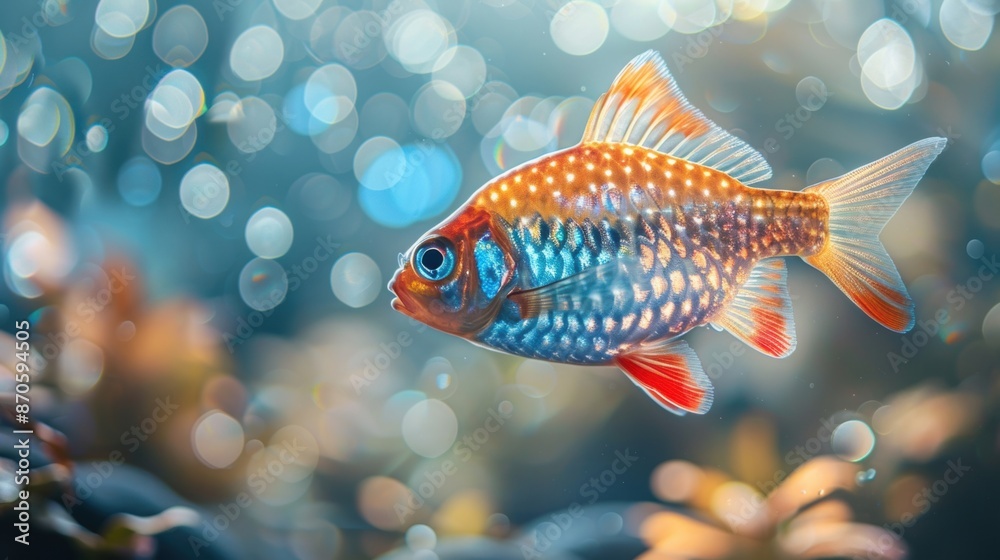 Close-up of a colorful fish swimming in a bokeh-filled aquarium, showcasing its vibrant scales and beauty. Close-up of a colorful fish swimming in a bokeh-filled aquarium, showcasing its vibrant scales and beauty.