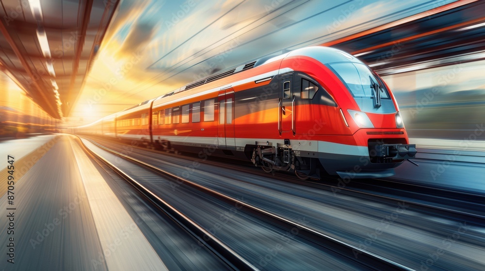 A high-speed train departs from a modern station at sunset, emphasizing speed and modern transportation. A high-speed train departs from a modern station at sunset, emphasizing speed and modern transportation.