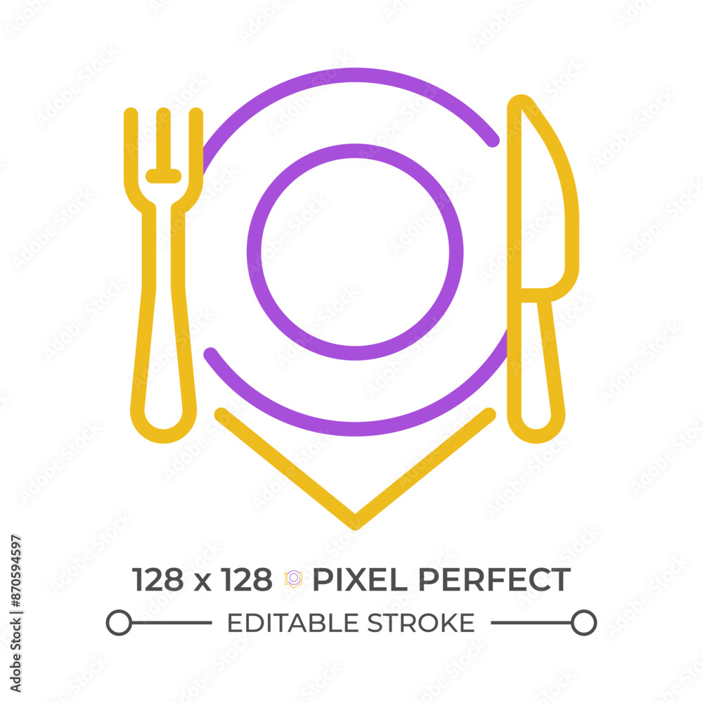 Restaurant cutlery place setting pixel perfect two color line icon. Customer service. Cooking equipment bicolor outline symbol. Duotone linear pictogram. Isolated illustration. Editable stroke Restaurant cutlery place setting pixel perfect two color line icon. Customer service. Cooking equipment bicolor outline symbol. Duotone linear pictogram. Isolated illustration. Editable stroke