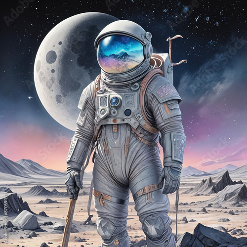 A luminescent elysian moon miner, every aspect radiates ethereal beauty amidst the desolate lunar landscape: shimmering silver spacesuit adorned with intricate celestial patterns.