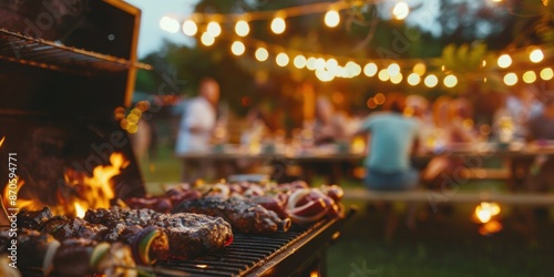 Close-up of a barbecue grill with sizzling food during an outdoor party, capturing a warm, festive atmosphere.