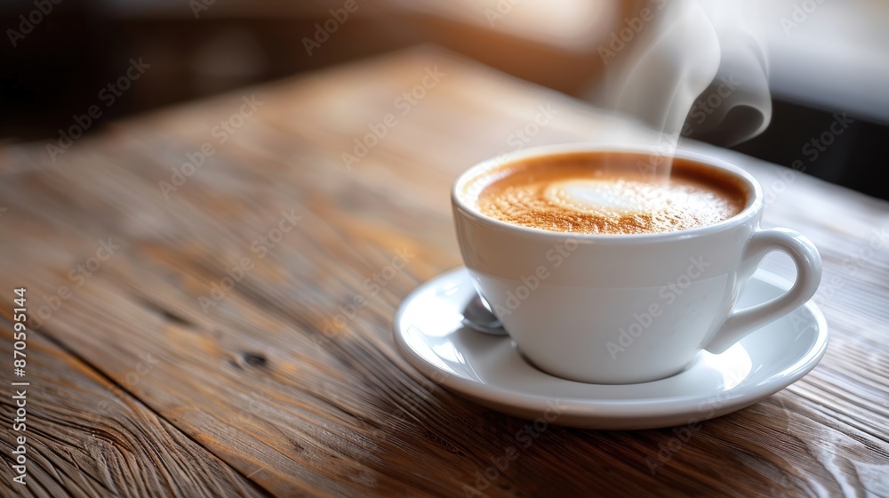 A close-up shot of a steaming hot cup of coffee placed on a rustic wooden table, bathed in warm morning light. A close-up shot of a steaming hot cup of coffee placed on a rustic wooden table, bathed in warm morning light.
