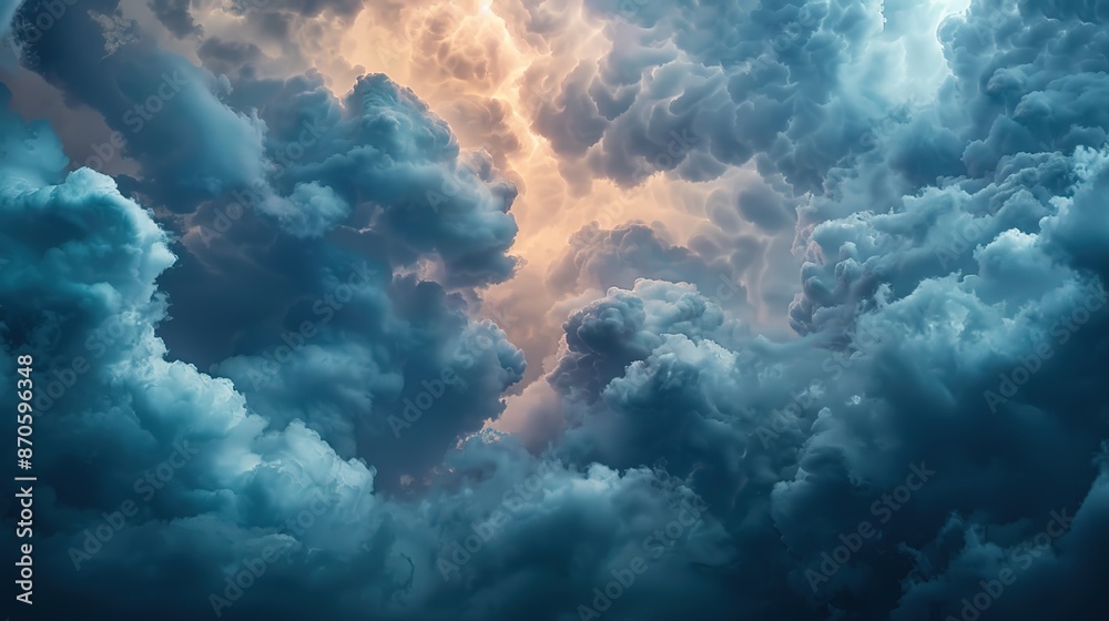 Naklejka premium Majestic Stormy Sky with Dark Clouds and Sunlight Breaking Through - Nature's Power and Beauty