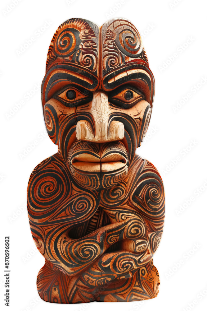 Maori Polynesian style carved idol made of wood, cut out on transparent background, PNG isolated on transparent background, front view Maori Polynesian style carved idol made of wood, cut out on transparent background, PNG isolated on transparent background, front view