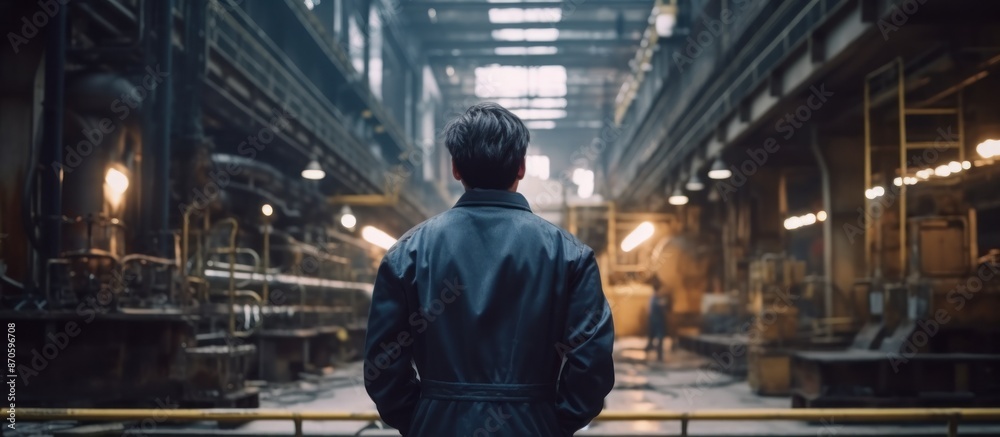 A lone worker stands in a vast industrial setting A lone worker stands in a vast industrial setting
