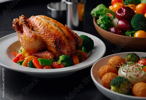 Tender, golden-brown chicken, perfectly seared and paired with a colorful array of fresh, vibrant vegetables. The dish is elegantly arranged on the plate, showcasing the succulent chicken and crisp ve