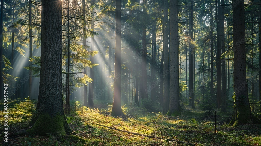 Fototapeta premium Serene Forest Canopy: Sunlight Filtering Through Tall Trees in Tranquil Woods