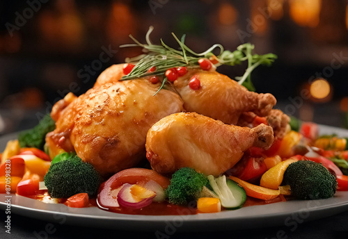 Tender, golden-brown chicken, perfectly seared and paired with a colorful array of fresh, vibrant vegetables. The dish is elegantly arranged on the plate, showcasing the succulent chicken and crisp ve