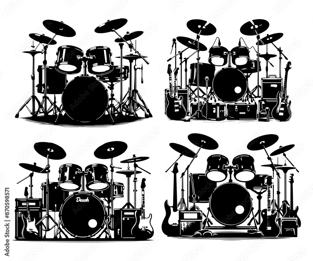 A Drum Set Silhouette Vector Images white background A Drum Set Silhouette Vector Images white background