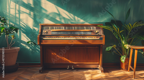 A retro electric organ from the 1970s set up against a soft gray wall, with natural shadows and ample space for copy. photo