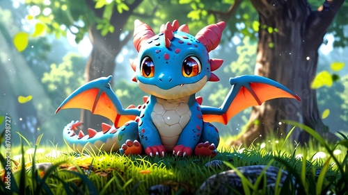 Cute Adorable Little Dragon in Green Field 3D Digital Artwork photo