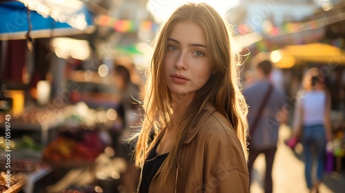 A beautiful young woman or girl in a spring brown jacket with a t-shirt underneath at a local outdoor farmer market. In the background are people and shelves with products. Organic food shopping