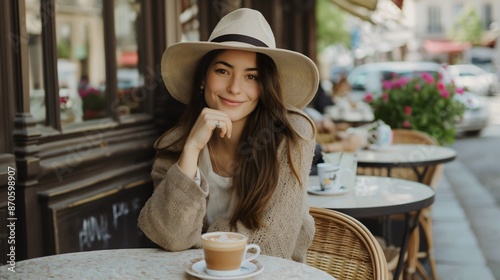 A beautiful, fashionable lady or woman, with a hat and elegant spring clothes, sits at a table in a cafe or restaurant or caffeteria outside, posing and drinking coffee or a tea with a smile on face photo