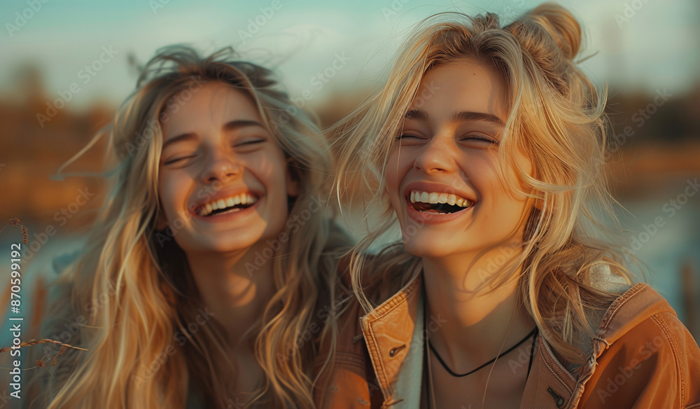 Two blonde women laughing with windblown hair. Friendship concept. Generative AI Two blonde women laughing with windblown hair. Friendship concept. Generative AI