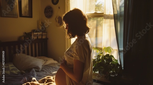 pregnant woman standing in bedroom and looking at window © Grigor